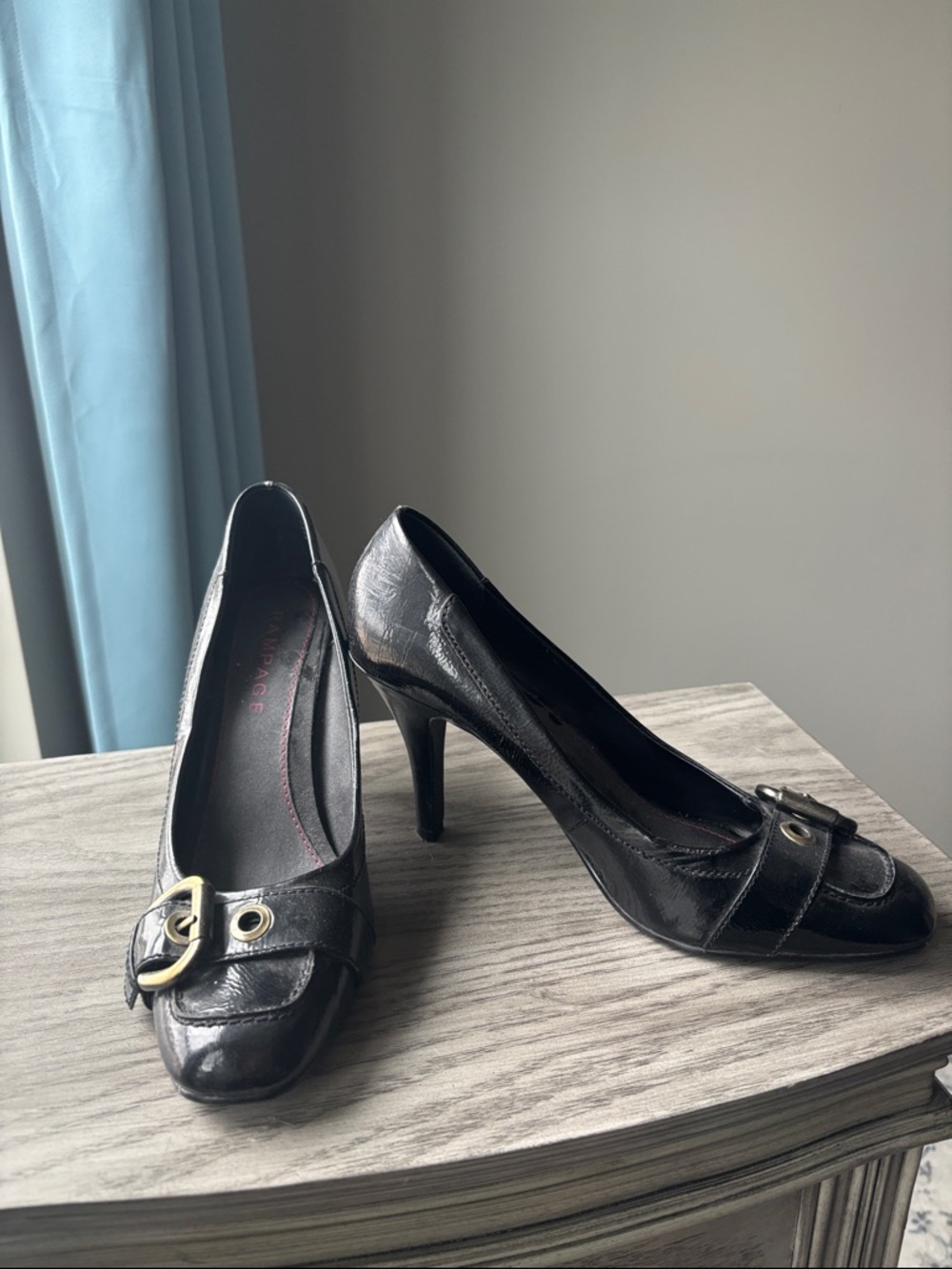 Rampage Black Leather Heel Pumps with Gold Buckle